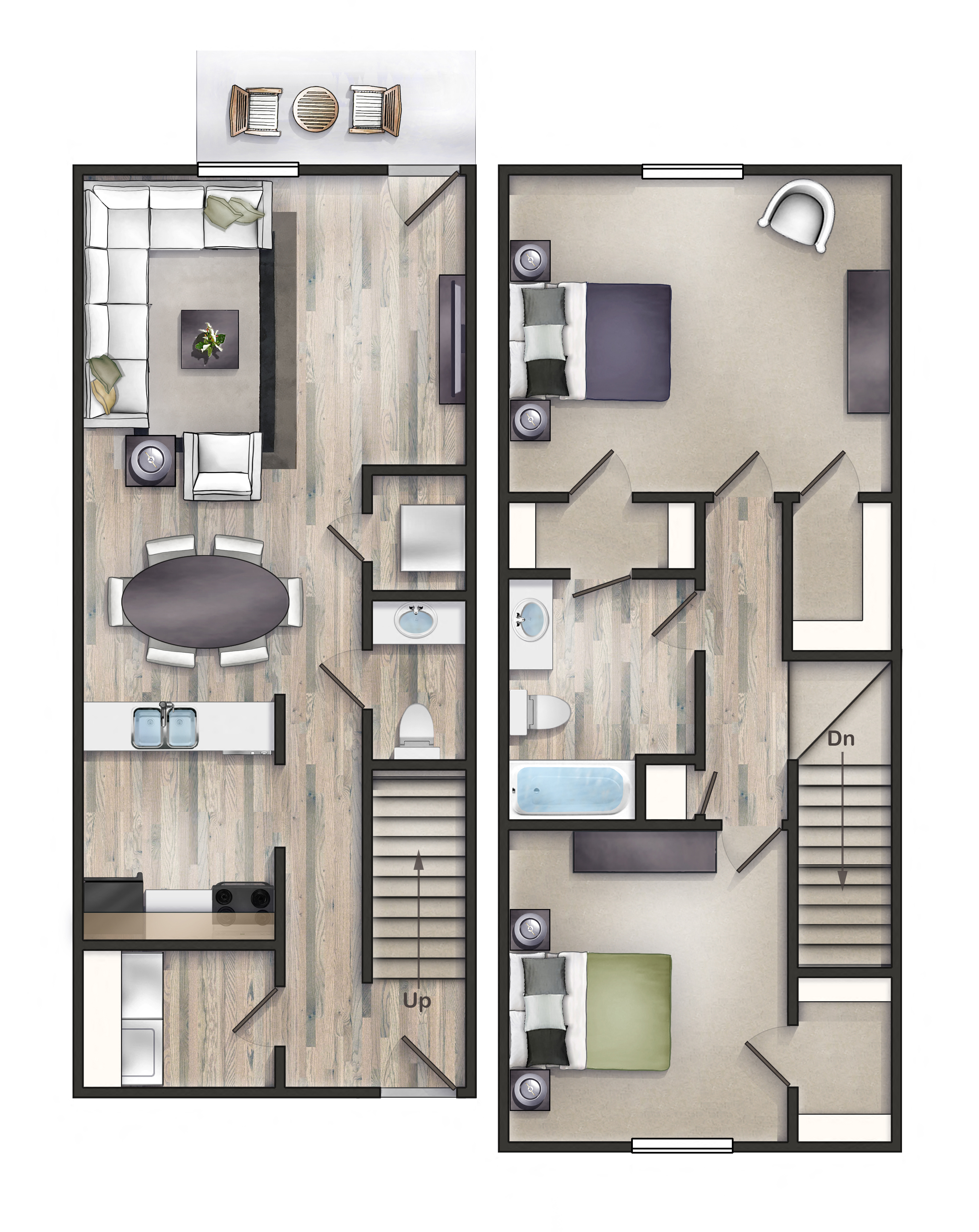 Floor plan for 2 beds, 1.5 baths, 1150 sqft
